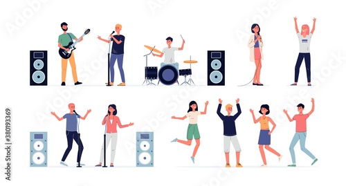 Set of people on concert or open air party flat vector illustration isolated.