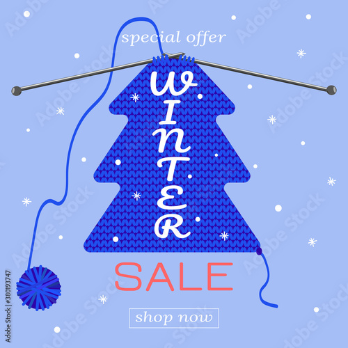 Winter sale banner. Knitting pattern, snowflakes, skein of thread. Vector illustration for New Year advertising, sales, magazines, websites.