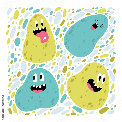 Slime characters set. Funny faces with different emotions of colorful monsters in a simple hand-drawn style. Vector childish illustration isolated on white background.