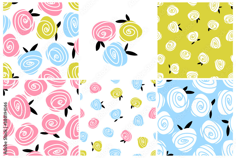 Set of roses seamless pattern. Colorful flowers. Simple vector hand drawn botanical illustrations in scandinavian style. Ideal for printing on textiles, baby clothing, wallpaper, packaging, and more.