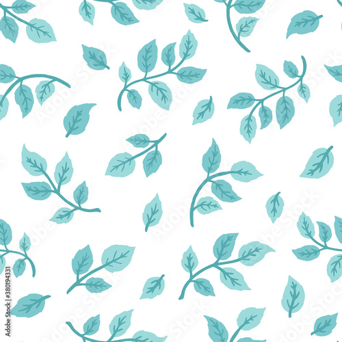 Blue leaves seamless pattern. Vector modern hand drawn illustration on white background. Colorful plants in pastel palette for your designs, invitations, textiles, etc