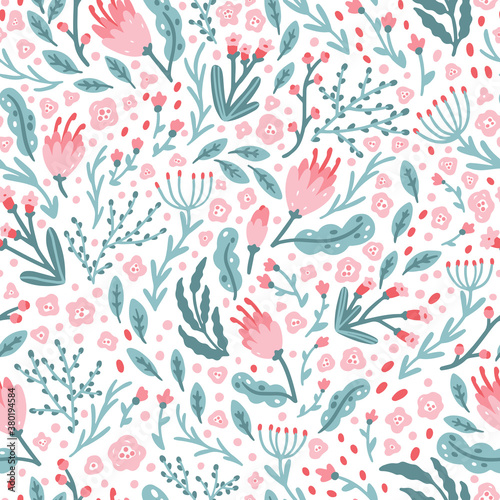 Cute floral pattern of small flowers in pastel colors. Ditsy print. Hand-drawn illustrations in a simple Scandinavian style. Ideal for printing textiles, baby clothes, fabrics, wallpapers.