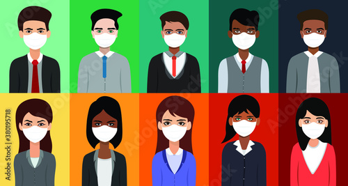 Icon set of business man and business woman wearing medical mask in flat style
