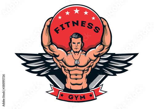 muscular bodybuilder with wings, logo, mascot, cartoon, vector