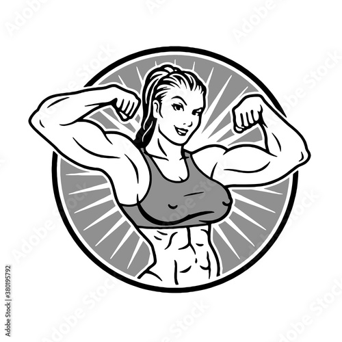 Fitness muscle girl shows biceps in a glow, logo, mascot, cartoon, emblem, vector,