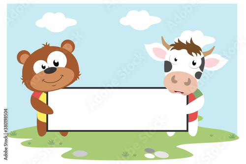 cute animal cartoon hold a white board, simple vector illustration design © Curut Design Store