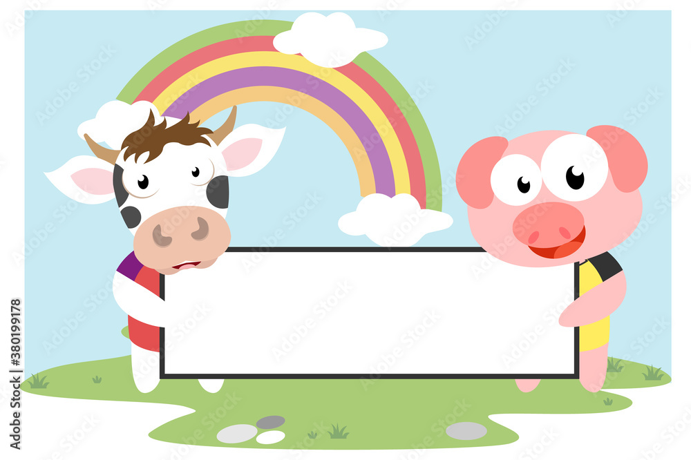 cute animal cartoon hold a white board, simple vector illustration design