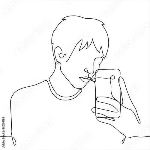 young man stands in front of a mirror with a phone and takes a selfie. one continuous line drawing of a guy taking a selfie through the mirror. can be used for animation