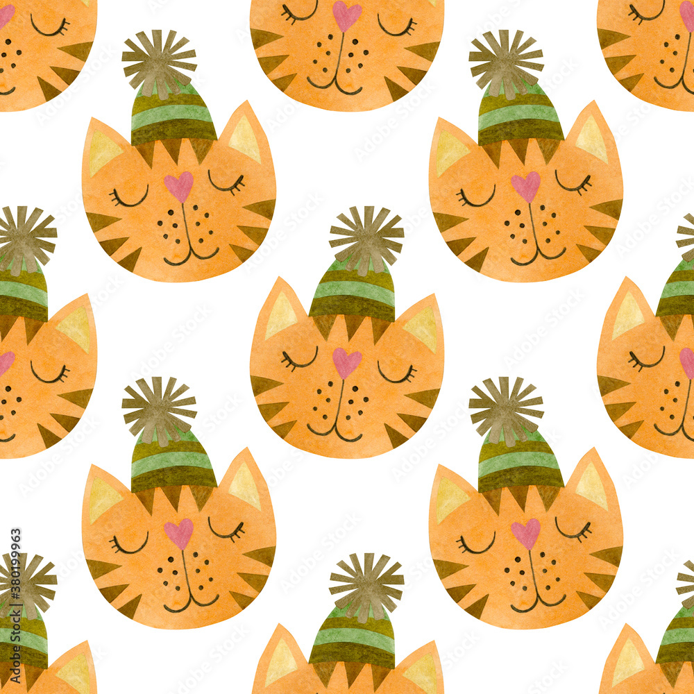 Fototapeta premium Watercolor pattern of cat faces