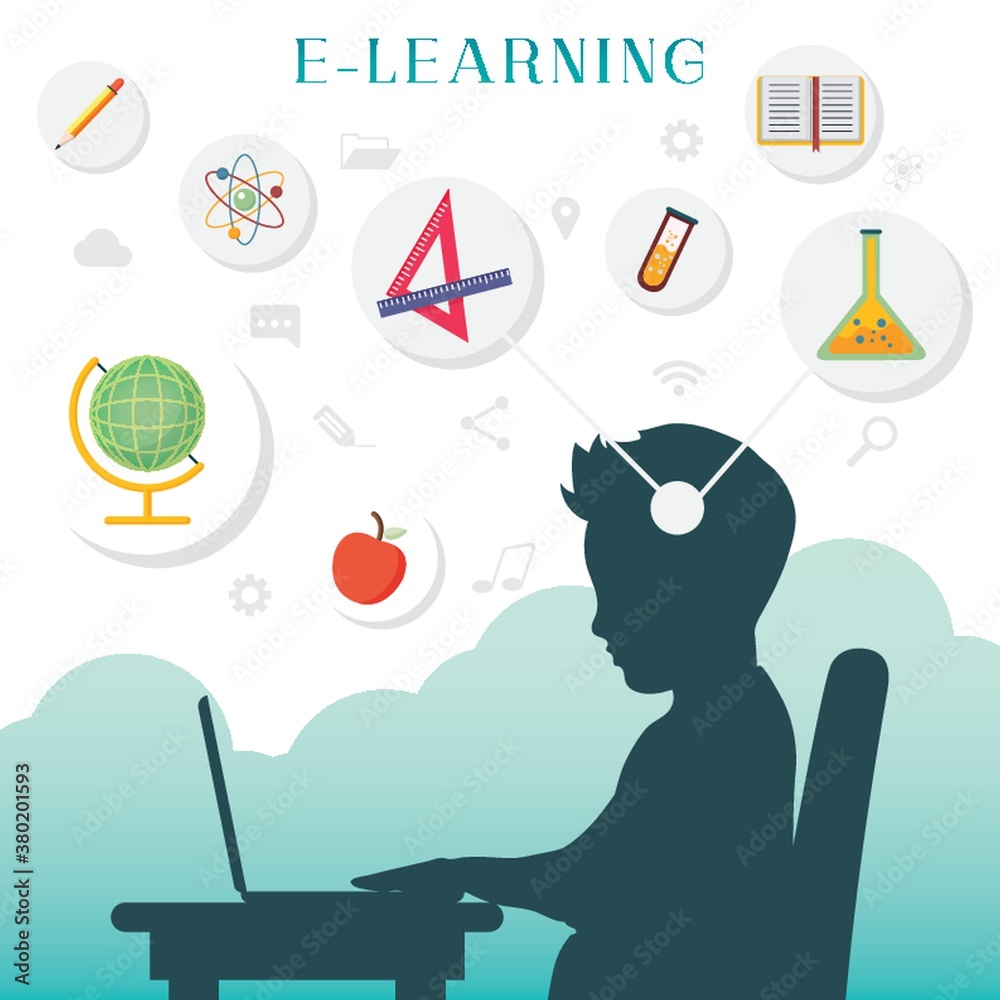 Silhouette of a boy with e learning concept Silhouette of a boy with e learning concept