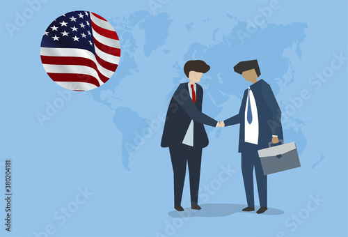 Agreement or negotiation in world politics concept: man shaking hands with background United States of America flag.