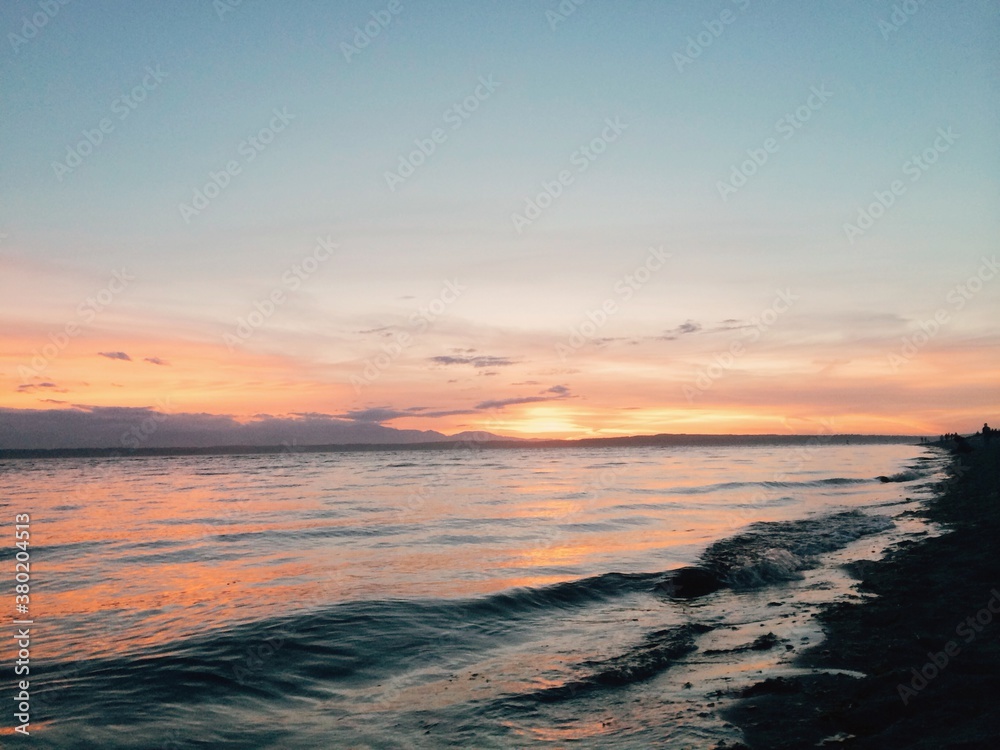 partly cloudy sunset on the shore of the ocean partly cloudy sunset on the shore of the ocean