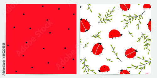 Red ladybug with black dot seamless pattern set with botany filling vector images. Cartoon insect repeat design for toddler girl clothing, fabric or gift wrapping.