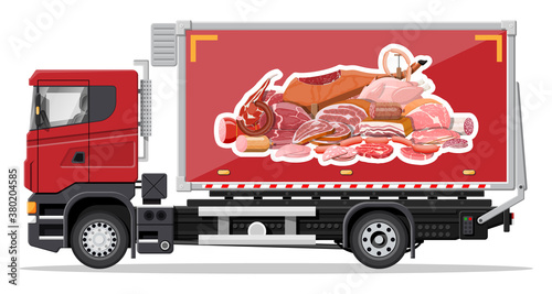 Truck car full of meat products. Shop and farm delivering service. Delivery and selling meat and grocery products concept. Sausage, chicken, steak. Cargo and logistic. Cartoon flat vector illustration