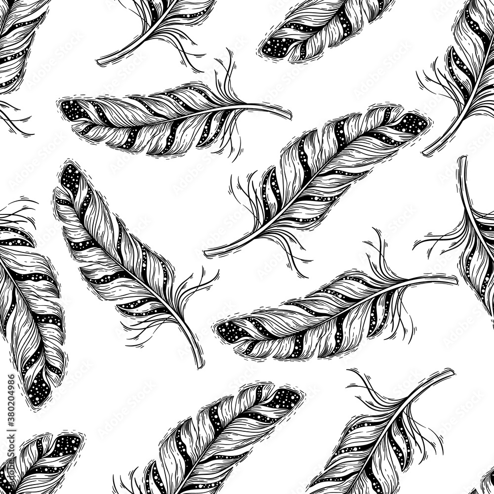 Obraz premium Seamless feather pattern on white background. Hand drawing, sketch