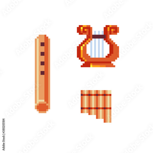 Harp, pipe and flute, ancient musical instrument pixel art icon antique isolated vector illustration. Design logo, mobile app, sticker, embroidery. Game assets 8-bit sprite. 