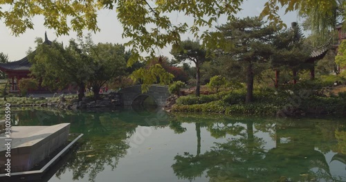 Moving camera shot in Asian gardens