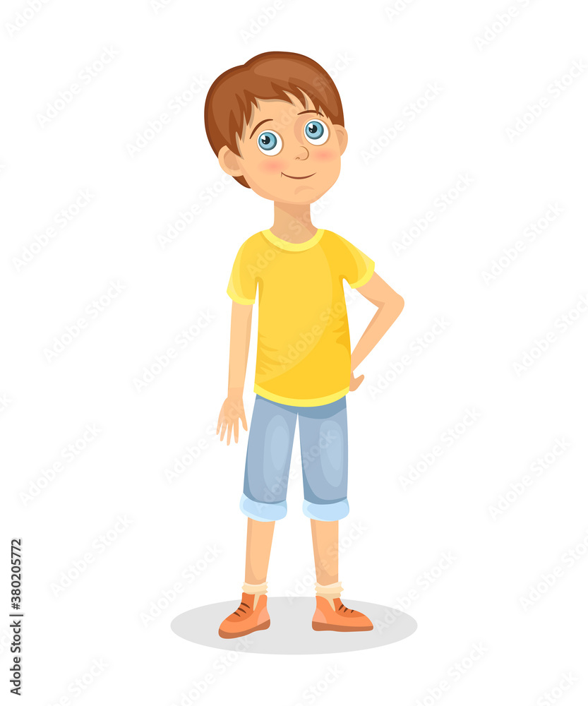 Little cute boy in a yellow T-shirt and shorts. Cartoon style, children's illustration