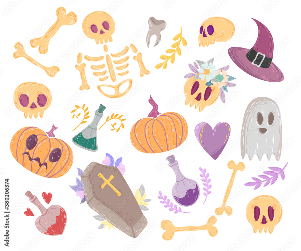 A collection of illustrations for Halloween. Skeleton, skull, ghost, witch and potion. Cartoon style, print, sticker