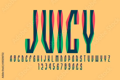 Juicy display font. Artistic pink green blue letters, numbers and currency signs. Isolated vector english alphabet.