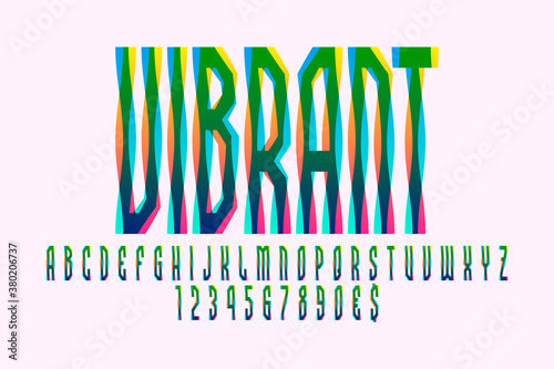 Vibrant artistic display font. Colorful wavy letters, numbers and currency signs. Isolated vector english alphabet.