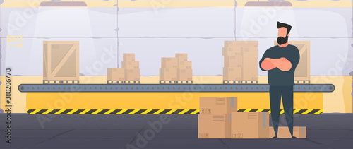 Conveyor line with boxes. Conveyor system in flat design. A man stands with cardboard boxes. Vector.