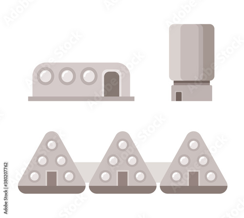 Mars settlement. Colonist houses flat icons. Vector illustration isolated.