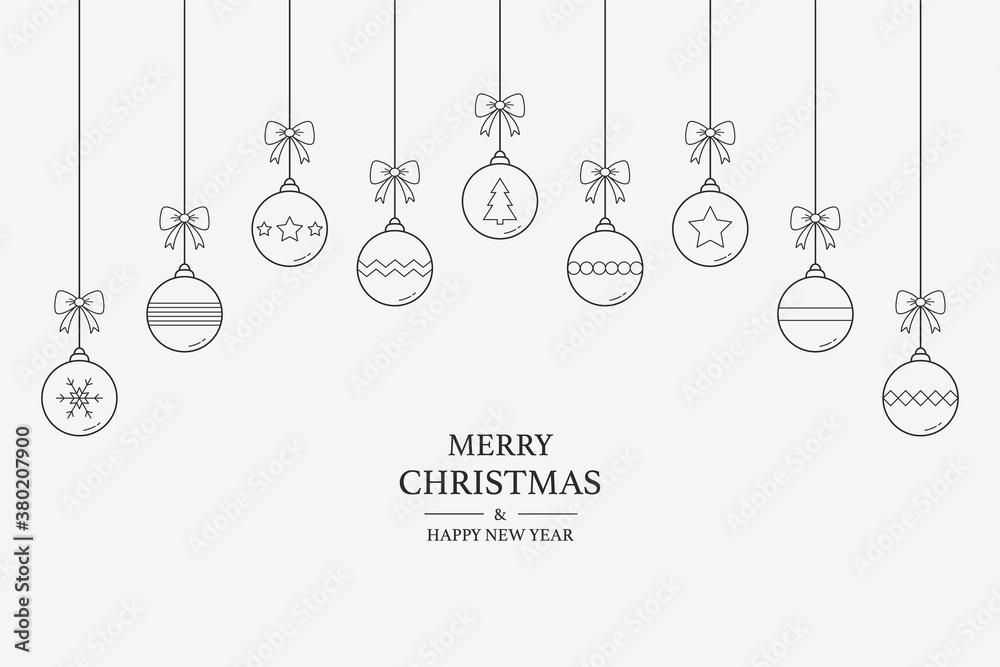 Minimalist Christmas greeting card with hanging balls and text. Xmas decoration. Vector