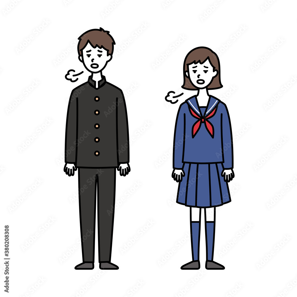 溜息をつく男女中高生　学ラン＆セーラー服
