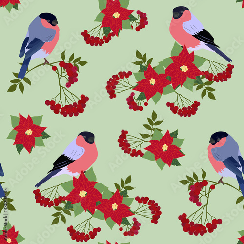 Seamless Christmas pattern with rowanberry branches, with poinsettia flowers and bullfinches