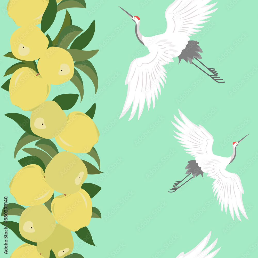 Obraz premium Seamless pattern with cranes and branch with apples