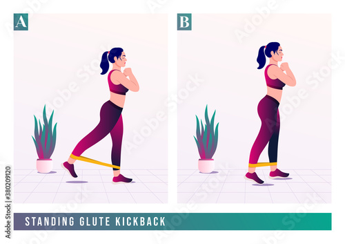 Standing Glute Kickback exercise, Women workout fitness, aerobic and exercises. Vector Illustration.