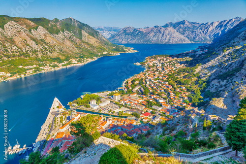 Aerial view of the old historic town of Kotor and the Bay of Kotor, Montenegro.