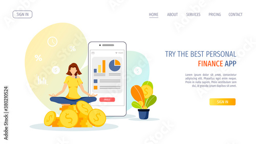 Phone with diagrams and woman meditating on the stack of coins. Profit, making money, finance app, business, investment concept. Vector illustration for banner, poster, website.