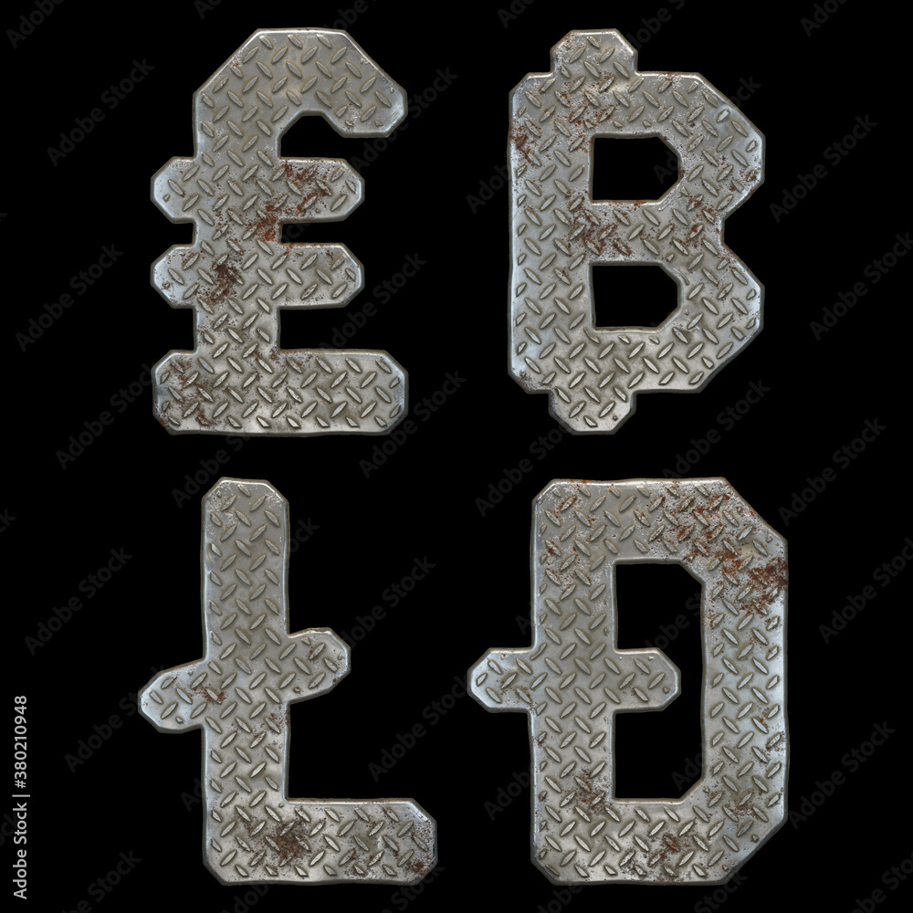 Fototapeta premium Set of symbols lira, bitcoin, litecoin and dashcoin made of industrial metal on black background 3d