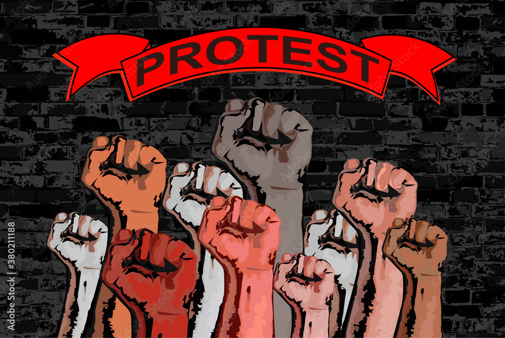 Obraz premium The raised fist is a symbol of the struggle for equality. Problem of racism. Black Lives Matter. Sign PROTEST on a red ribbon.