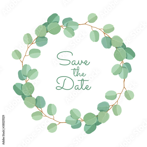 Premium Wedding invitation Template of green eucalyptus leaves and branches. Wedding invitation, thank you card, save the date cards. Wedding invitation.