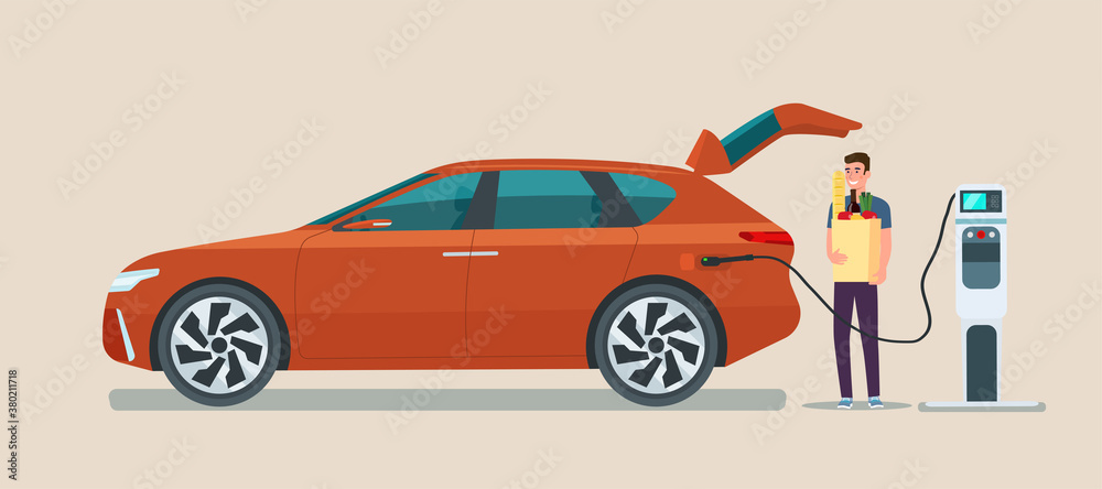 Naklejka premium Man carry grocery bags in modern electric CUV car. Electric car is charging. Vector flat illustration.