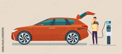 Man carry grocery bags in modern electric CUV car. Electric car is charging. Vector flat illustration.