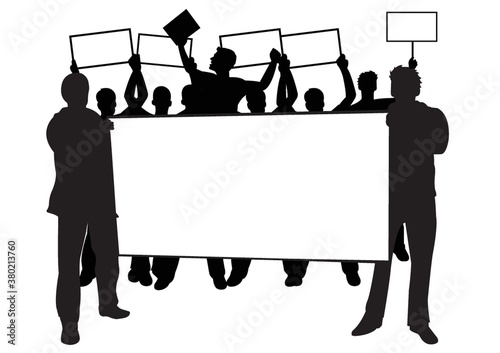 crowd with placards and banner