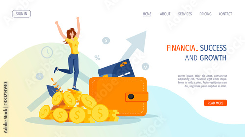 Wallet and pile of coins with rejoicing woman. Profit, income, budget, prosperity, financial success, savings concept. Vector illustration for banner, poster, advertising, website.