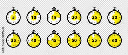 Timer Icons 5 Minutes To 1 Hour - Black And White Vector Illustration Set - Isolated On Transparent Background