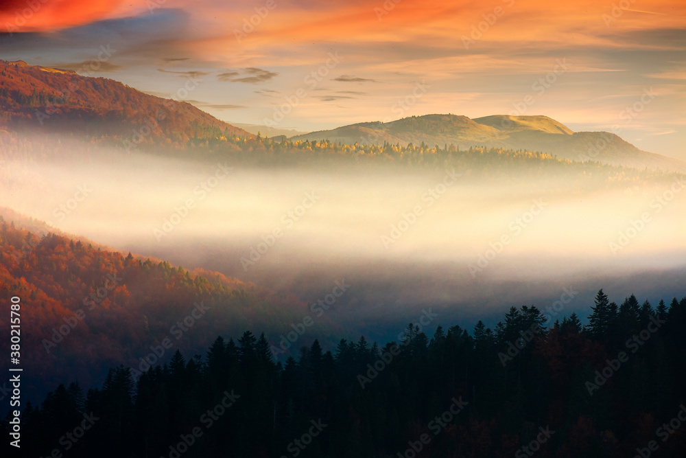 rolling hills in fog at sunrise. beautiful mountain landscape in autumn season. clouds on the morning sky. dramatic nature scenery rolling hills in fog at sunrise. beautiful mountain landscape in autumn season. clouds on the morning sky. dramatic nature scenery