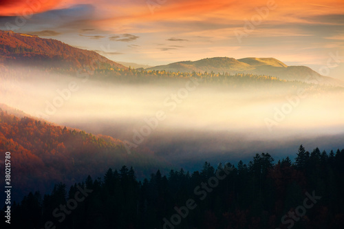 Fototapeta Naklejka Na Ścianę i Meble -  rolling hills in fog at sunrise. beautiful mountain landscape in autumn season. clouds on the morning sky. dramatic nature scenery
