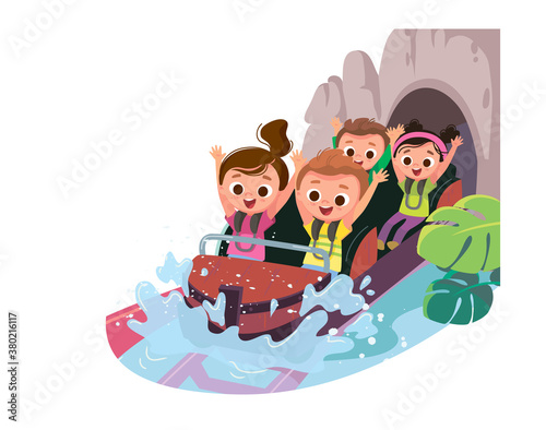 Roller-coaster. Children ride on roller-coaster with water splash in amusement park. Children have fun in amusement park. Exhilarating rides. Joyful kids.