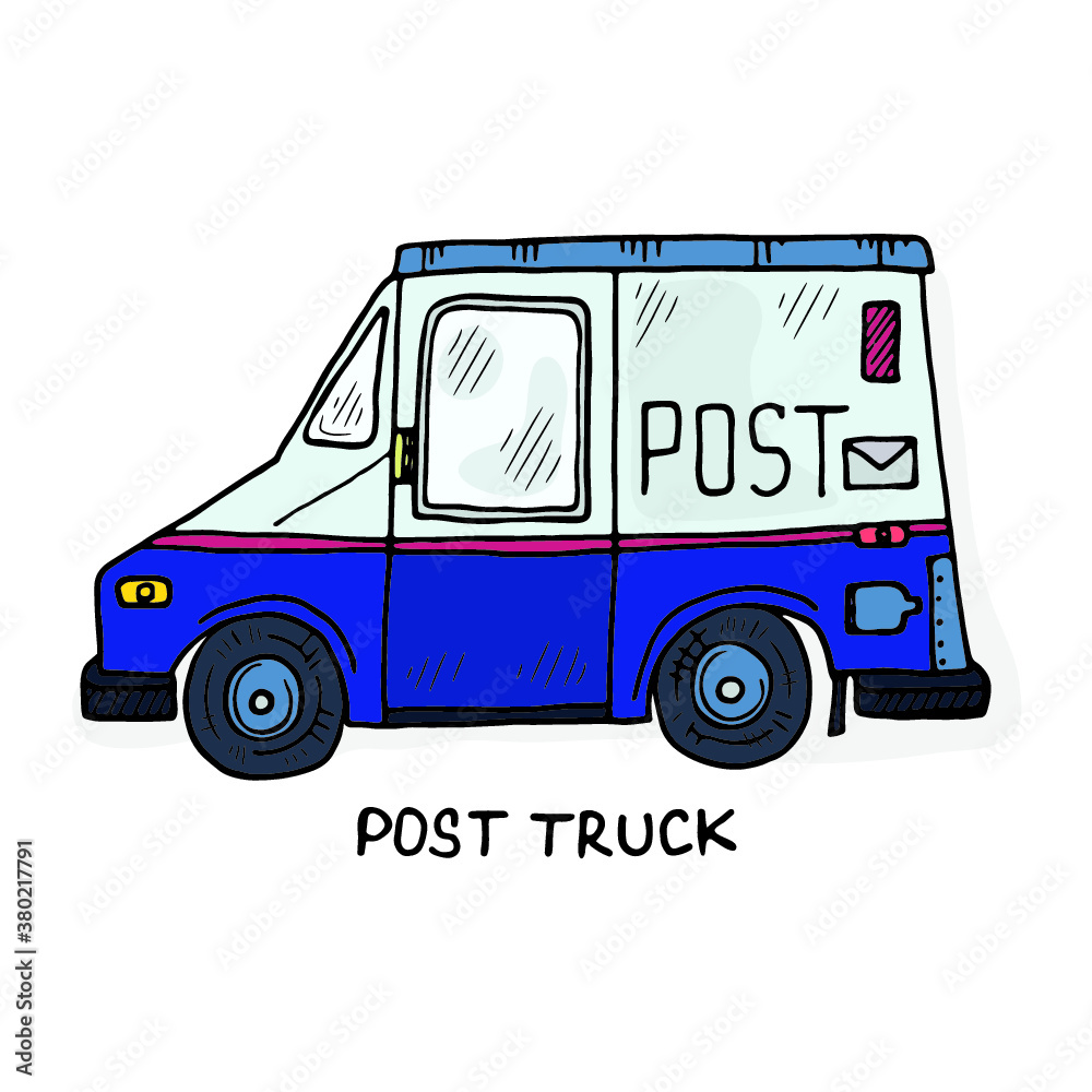 Cute hand drawn vector sketch of post truck. Colorful cartoon drawing Stock  Vector | Adobe Stock