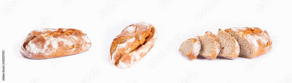 Loaf of bread set isolated on white background. Rustic crunchy bread, tasty and natural.