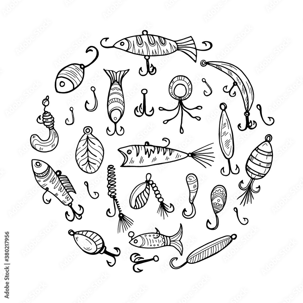 Circle composition with cute hand drawn fishing icons. Vector catching fish equipment elements. Doodle illustration