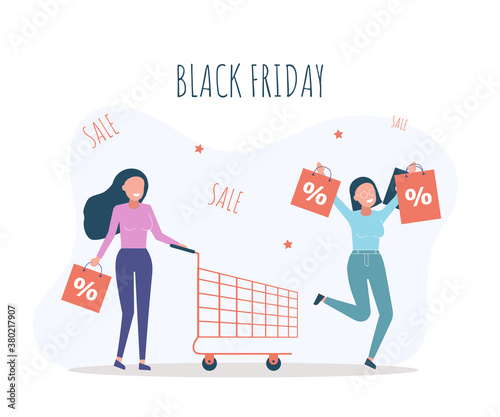 Black friday sale event. Woman characters with shopping bags and cart buying some item on big discount and cashback.