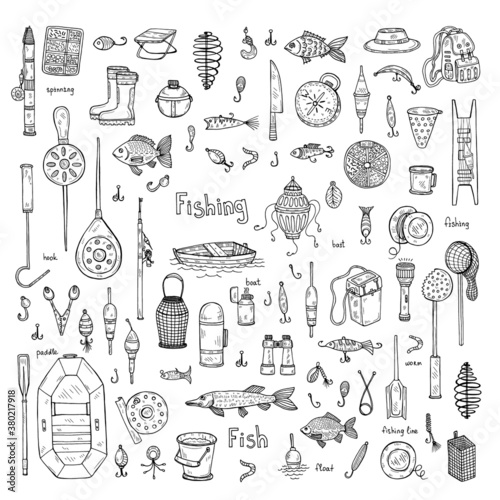 Big set with cute hand drawn fishing icons. Vector catching fish equipment elements. Doodle illustration